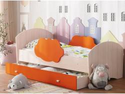 Кровать Тучка с бортиками и ящиком дуб млечный с оранжевым