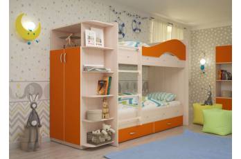 Двухъярусная кровать со шкафом Мая латофлексы оранжевый