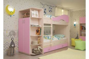 Двухъярусная кровать со шкафом Мая латофлексы розовый