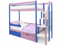 Двухъярусная кровать Svogen с ящиками и бортиком синий-лаванда
