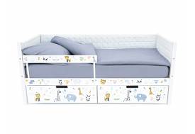 Кровать-тахта Svogen мягкая с ящиками и бортиком с фото белый/зверята